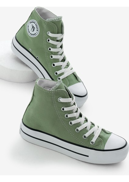 Kadın Mint Yeşili Termo Kalın Taban Bağcıklı Uzun Keten Spor Ayakkabı