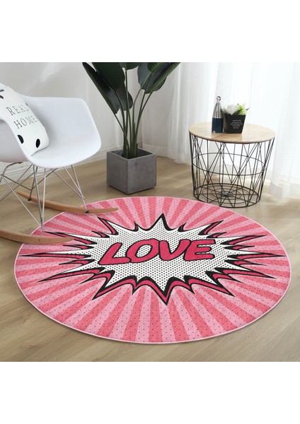 Pop Art Love Desenli Kaymaz Tabanlı Yuvarlak Halı