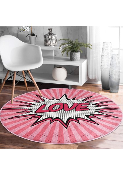 Pop Art Love Desenli Kaymaz Tabanlı Yuvarlak Halı modelleri