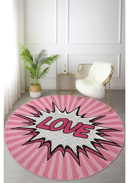 Pop Art Love Desenli Kaymaz Tabanlı Yuvarlak Halı