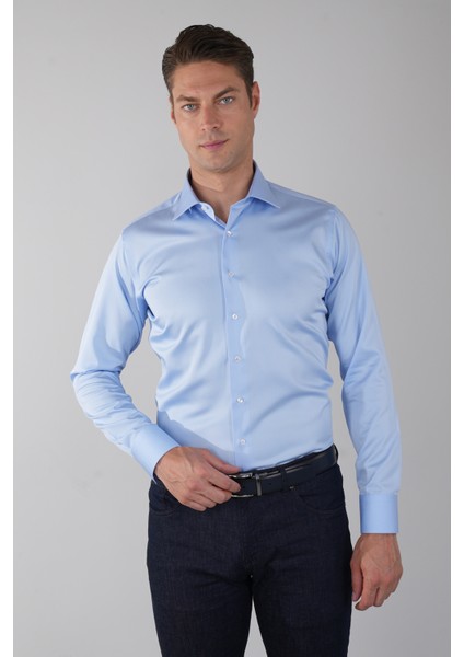 Mavi Uzun Kol Klasik Yaka Cepsiz Erkek Gömlek GMKLS250016_D35