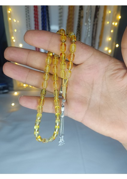 45 Habbe 925 Ayar Gümüş Püsküllü Damla Kehribar Tesbih