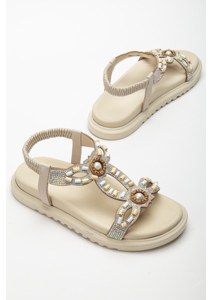 Kadın Bej Arkası Lastikli Taş Işlemeli Sandalet