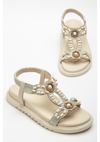 Kadın Bej Arkası Lastikli Taş Işlemeli Sandalet modelleri