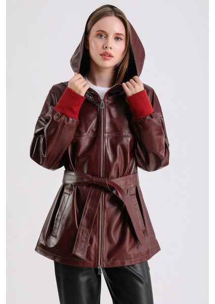 Alicia Kadın Kapüşonlu Deri Mont