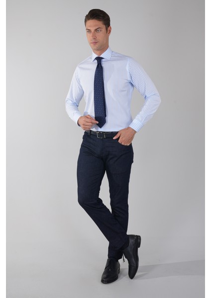 Uzun Kol İtalyan Yaka Cepsiz Mavi Pamuk Erkek Gömlek GMCZG250040_D35 indirimleri