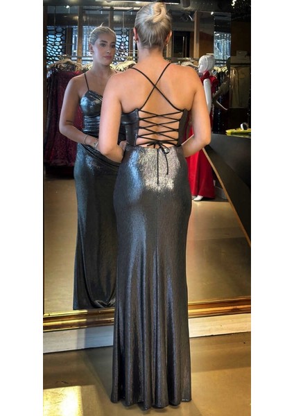 Gümüş Ip Askılı Sırt Dekolteli Düz Kesim Parlak Kumaş Uzun Abiye Elbise 11086 indirimleri