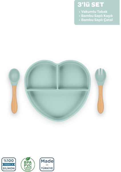 Silikon Beslenme Seti 3'lü Spring Yeşil / Mama Tabağı, Bambu Saplı Mama Kaşığı ve Çatalı