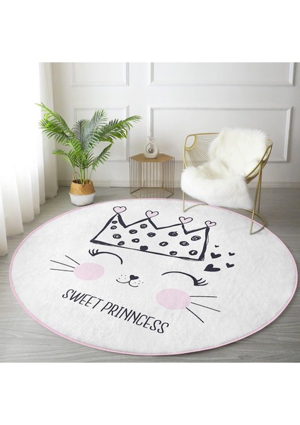 Sweet Princess Taçlı Kedi Desenli Yuvarlak Çocuk Halısı – Kaymaz Tabanlı, Makinede Yıkanabilir