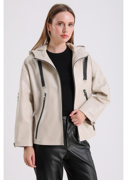 Gaga Kadın Kapüşonlu Deri Mont