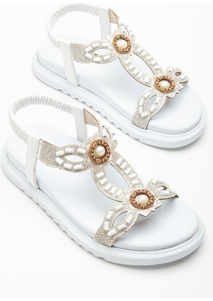 Kadın Beyaz Arkası Lastikli Taş Işlemeli Sandalet fiyatları