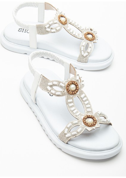 Kadın Beyaz Arkası Lastikli Taş Işlemeli Sandalet modelleri