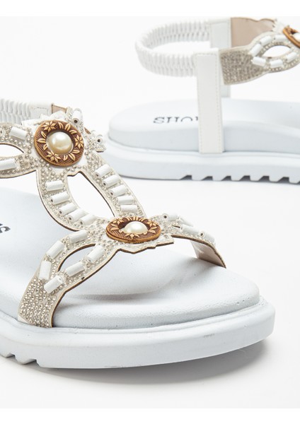 Kadın Beyaz Arkası Lastikli Taş Işlemeli Sandalet fırsatları