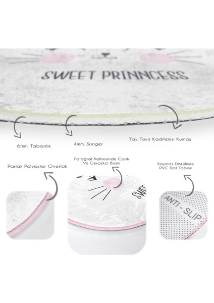 Sweet Princess Taçlı Kedi Desenli Yuvarlak Çocuk Halısı – Kaymaz Tabanlı, Makinede Yıkanabilir