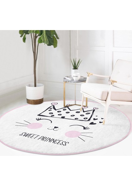 Sweet Princess Taçlı Kedi Desenli Yuvarlak Çocuk Halısı – Kaymaz Tabanlı, Makinede Yıkanabilir