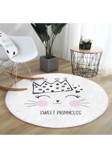 Sweet Princess Taçlı Kedi Desenli Yuvarlak Çocuk Halısı – Kaymaz Tabanlı, Makinede Yıkanabilir fiyatları