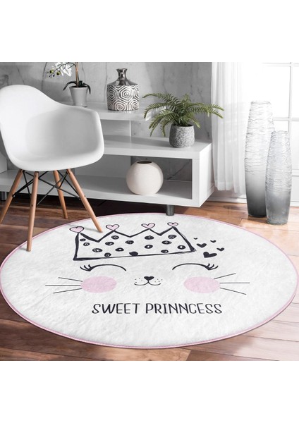 Sweet Princess Taçlı Kedi Desenli Yuvarlak Çocuk Halısı – Kaymaz Tabanlı, Makinede Yıkanabilir modelleri