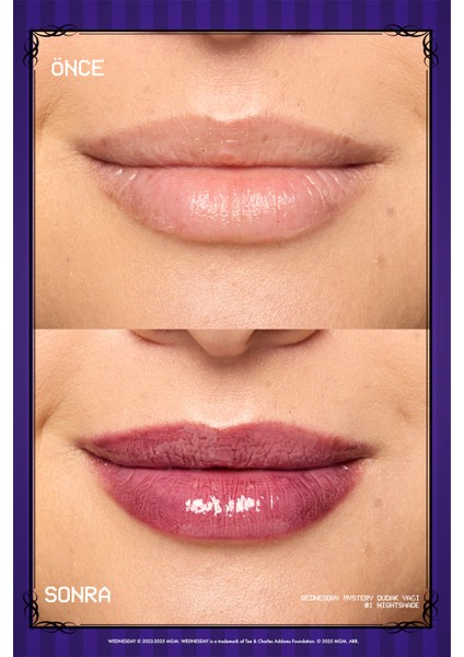 Wednesday Özel Koleksiyonu Renk Değiştiren Dudak Yağı - 01 Nightshade modelleri