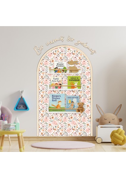 Çocuk-Bebek Odası Dekoru, Duvar Stickeri, Bir Varmış Bir Yokmuş Yapışkan Yazı, Çerçeve, Kitap Köşesi, Pembe Çiçek Temalı