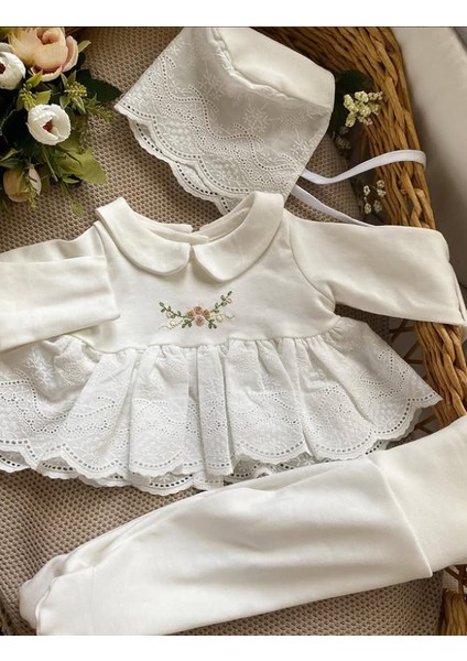 El Işlemesi Detaylı Patikli Alt Fistolu Eldivenli Üst Fistolu Şapka Kız Bebek Hastane Çıkışı Takım fiyatları