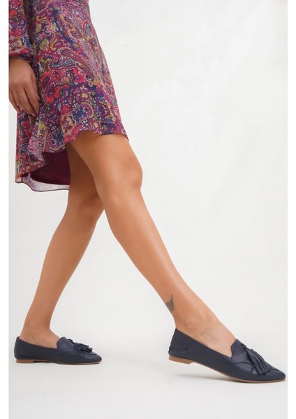 Deri Lacivert Kadın Deri Babet TRC58-4026