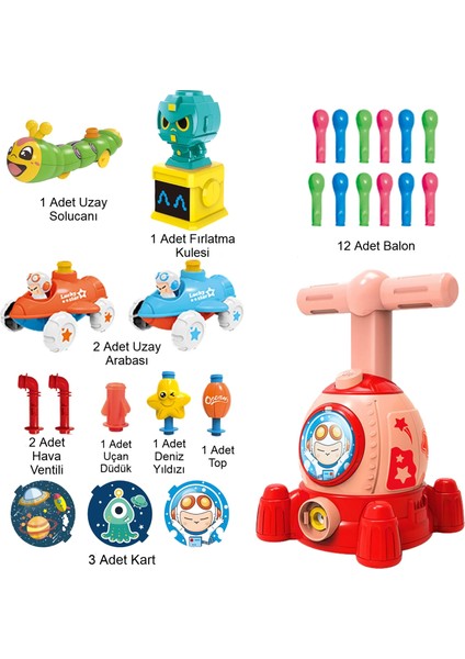 Balon Uçan Astronot ve Havalı Manuel Pompalı Balon Araba Eğitici Oyuncak Seti Uzay Seti Montessori