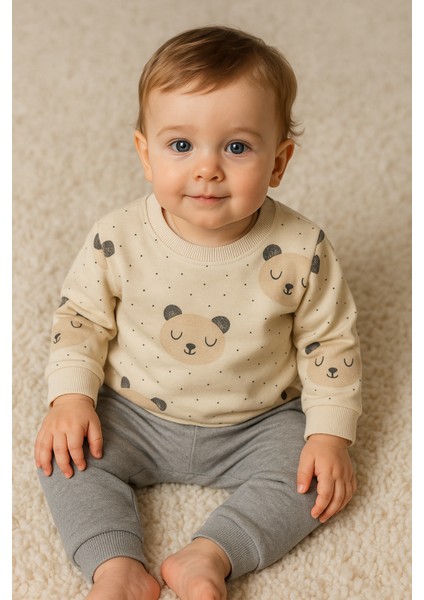 Erkek Bebek Ayıcık Desenli 2 Iplik Mevsimlik Alt&üst Takım 9-12 Ay