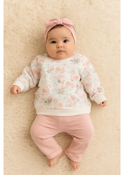 Kız Bebek Kuğu Desenli 2 Iplik Alt & Üst Takım 3-4 Yaş