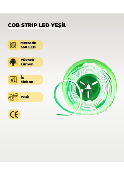 12V Cob Şerit LED Yeşil Işık - Metrede 360 LED - 5 Metre