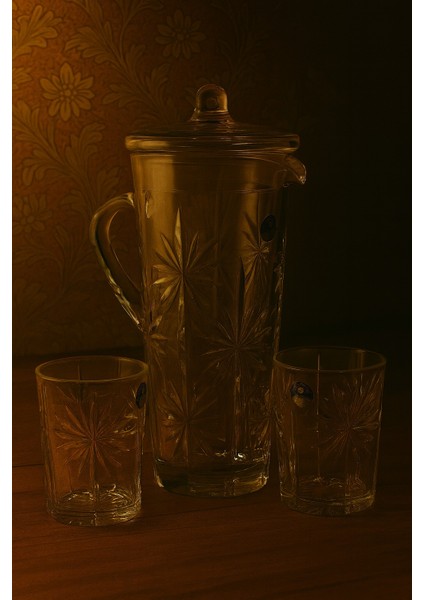 El Yapımı Kristal Sürahi ve 6'lı Bardak Seti - Vego (Sürahi 27,5 cm / Bardak 9,5 Cm) fırsatları