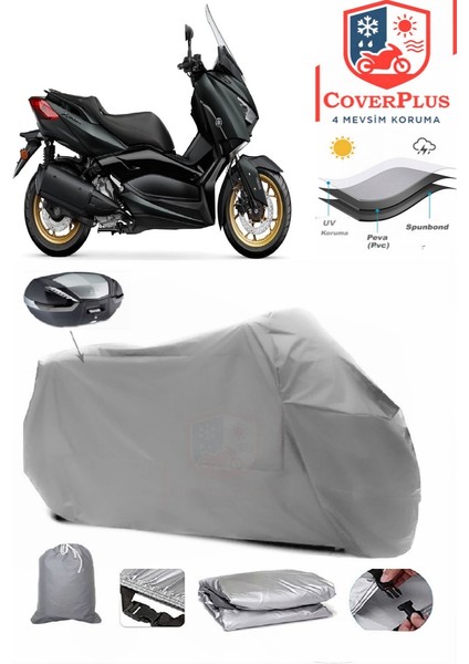 Yamaha X-Max 250 Tech Max Branda Gri Arka Çanta Uyumlu(Topcase) Motosiket Brandası Motor Örtüsü Çadır Su Geçirmez Motosiklet Kılıfı Motor Brandası,lastikli,taşıma Torbalı