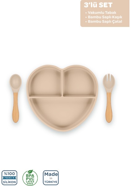 Silikon Beslenme Seti 3'lü Latte Bej / Mama Tabağı, Bambu Saplı Mama Kaşığı ve Çatalı