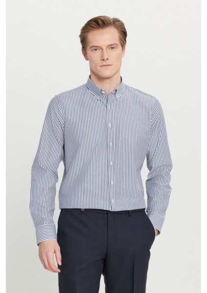 Pamuklu Tailored Slim Fit Dar Kesim Düğmeli Klasik Yaka Çizgili Gömlek
