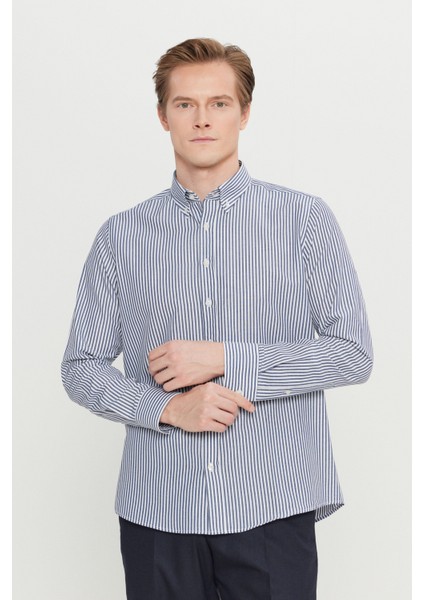 Pamuklu Tailored Slim Fit Dar Kesim Düğmeli Klasik Yaka Çizgili Gömlek modelleri
