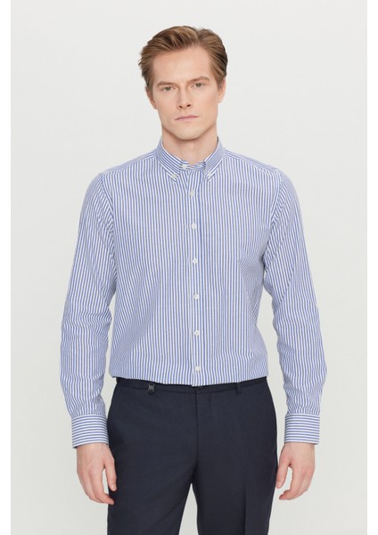 Pamuklu Tailored Slim Fit Dar Kesim Düğmeli Klasik Yaka Çizgili Gömlek