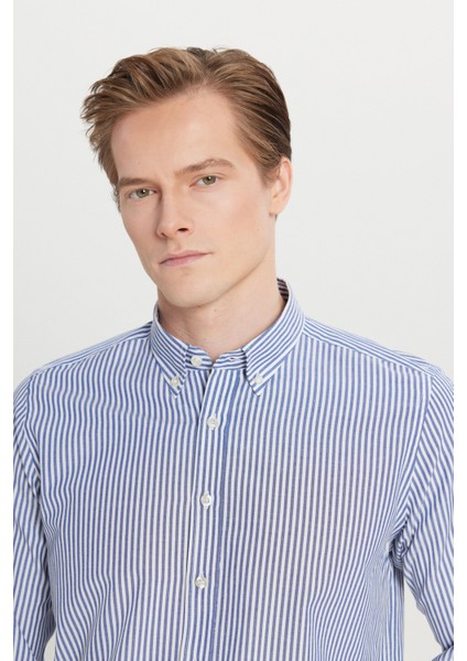 Pamuklu Tailored Slim Fit Dar Kesim Düğmeli Klasik Yaka Çizgili Gömlek fırsatları