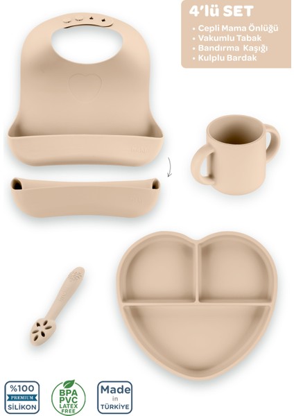 Silikon Beslenme Seti 4'lü Latte Bej / Mama Önlüğü, Mama Tabağı, Bandırma Kaşığı, Kulplu Bardak