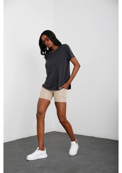 Kadın Yuvarlak Yaka Kol Etek Lazer Kesim Modal T-Shirt fırsatları