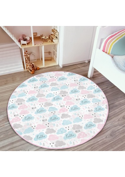Hello Baby Bulut Desenli Yuvarlak Çocuk Halısı – Kaymaz Tabanlı, Makinede Yıkanabilir