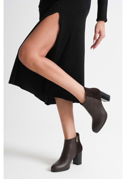 Kadın Hakiki Deri Arkası Süet Detaylı Topuklu Bot - Kahve fiyatları