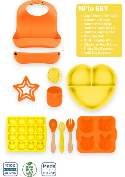 Silikon 10'lu Set Sunset Turuncu-Sunrise Sarı / Mama Önlüğü, Mama Tabağı, Bandırma Kaşığı, Bambu Saplı Kaşık ve Çatal, Mini Bardak, Muffin Kalıbı, Çikolata-Buz Kalıbı, Yıldız ve Kuki Diş Kaşıyıcı