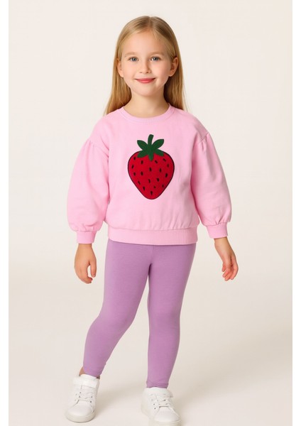 Kız Çocuk Bisiklet Yaka Uzun Kollu Pembe Çilek Desenli Rahat Kalıp Sweatshirt - Kız Çocuk Sweatshirt