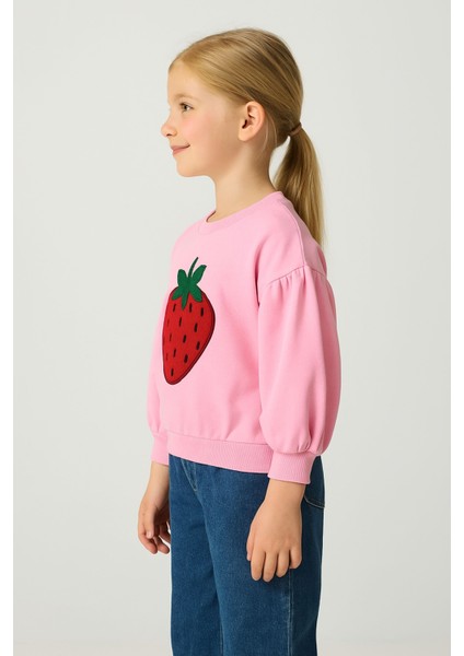 Kız Çocuk Bisiklet Yaka Uzun Kollu Pembe Çilek Desenli Rahat Kalıp Sweatshirt - Kız Çocuk Sweatshirt fiyatları