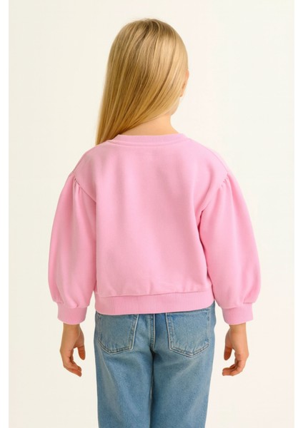 Kız Çocuk Bisiklet Yaka Uzun Kollu Pembe Çilek Desenli Rahat Kalıp Sweatshirt - Kız Çocuk Sweatshirt modelleri