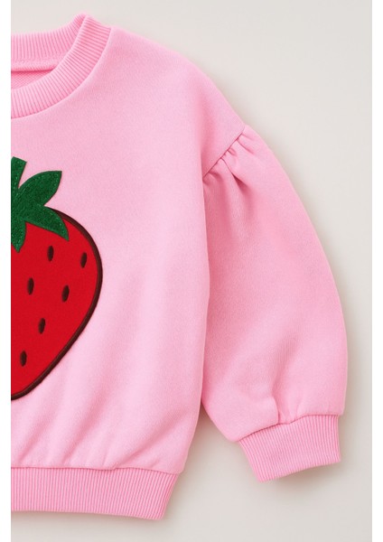 Kız Çocuk Bisiklet Yaka Uzun Kollu Pembe Çilek Desenli Rahat Kalıp Sweatshirt - Kız Çocuk Sweatshirt indirimleri