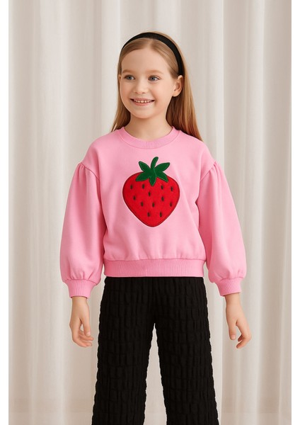 Kız Çocuk Bisiklet Yaka Uzun Kollu Pembe Çilek Desenli Rahat Kalıp Sweatshirt - Kız Çocuk Sweatshirt fırsatları