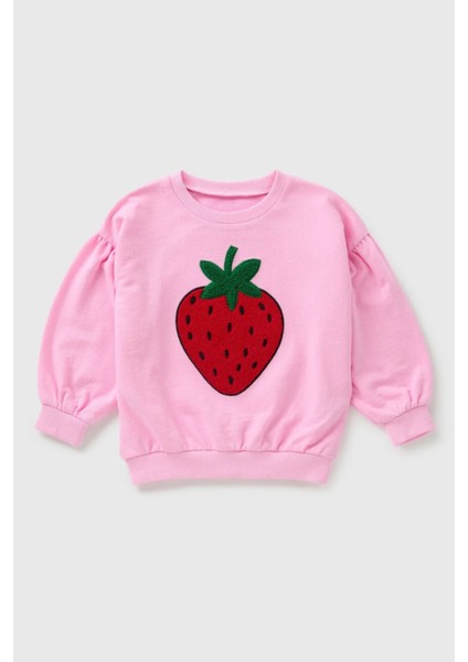 Kız Çocuk Bisiklet Yaka Uzun Kollu Pembe Çilek Desenli Rahat Kalıp Sweatshirt - Kız Çocuk Sweatshirt