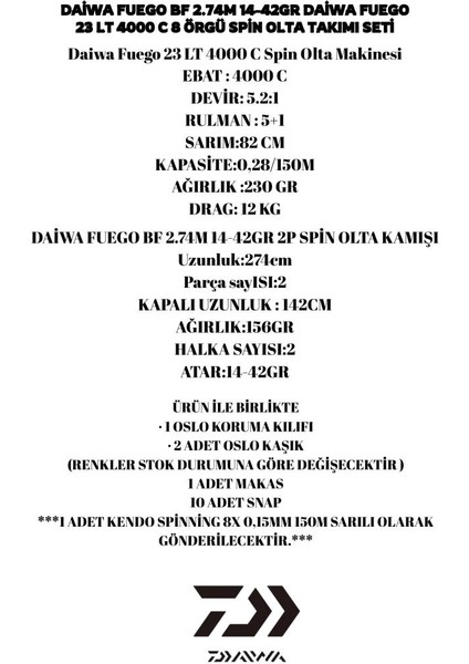 Fuego Bf 2.74M 14-42GR Daiwa Fuego 23 Lt 4000 C 8 Örgü Spin Olta Takımı Seti fiyatları