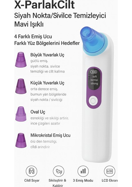 Profesyonel Mavi Işıklı Siyah Nokta ve Akne Temizleyici – 4 Başlık, 3 Emiş Modu, LCD Ekranlı