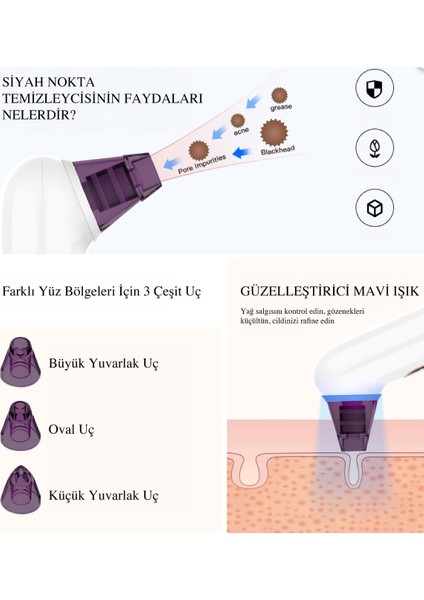 Profesyonel Mavi Işıklı Siyah Nokta ve Akne Temizleyici – 4 Başlık, 3 Emiş Modu, LCD Ekranlı fırsatları